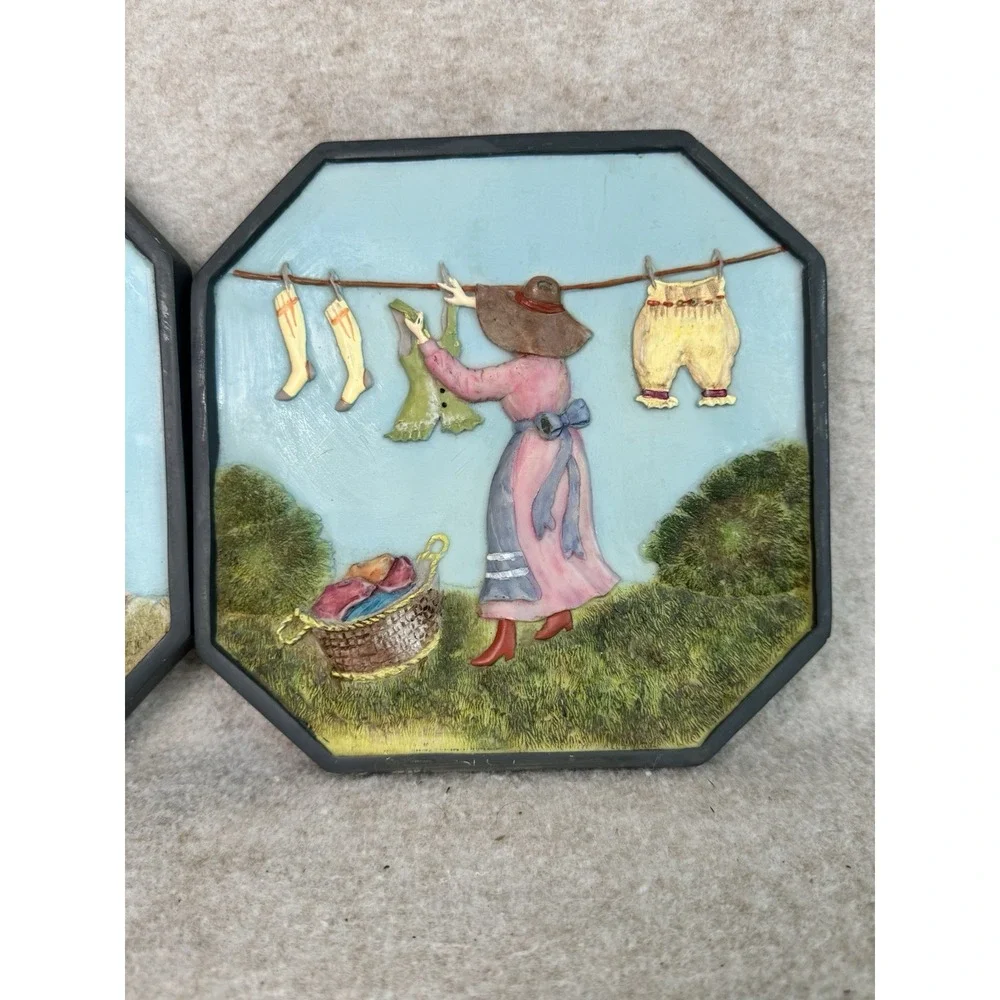 3D Ceramic Wall Pictures Laundry Lady 3-Picture‎ Scenes Washing Hanging Drying